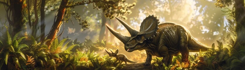 A Triceratops family nestled in a clearing surrounded by towering ferns and soft morning mist - obrazy, fototapety, plakaty
