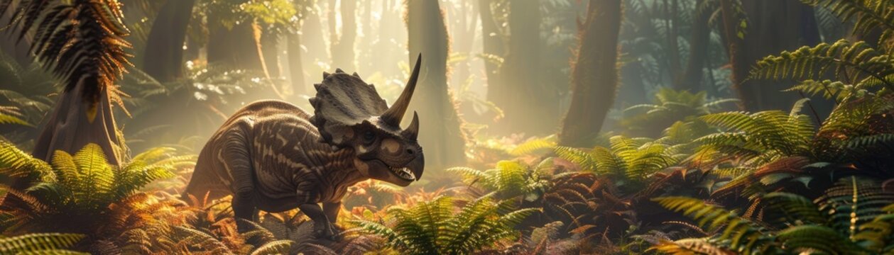 A Triceratops family nestled in a clearing surrounded by towering ferns and soft morning mist