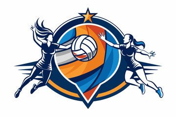 A dynamic volleyball logo with players spiking the ball