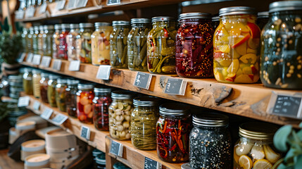 A shelf full of jars with various foods inside. The jars are organized by type and colour. The...