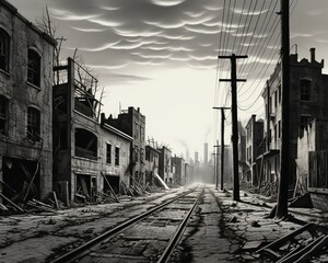 An artistic interpretation of the Great Depression, showing desolate streets lined with closed banks and unemployment lines in a monochrome palette