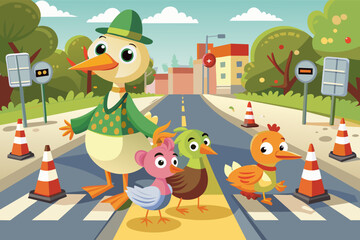 Obraz na płótnie Canvas A family of ducks crossing a busy road, guided by a traffic cone