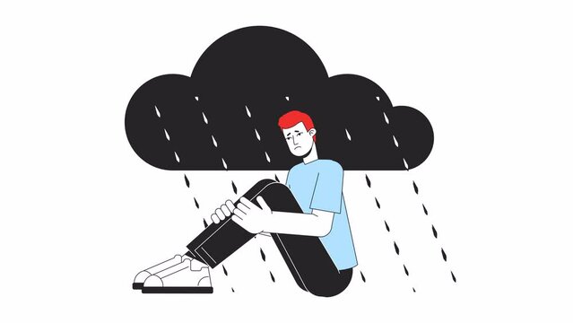 Man with depressive disorder line 2D animation. Seasonal affective disorder. Pensive male sitting under rain 4K video motion graphic. Upset mood linear animated cartoon flat concept, white background