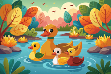 A family of ducks floating down a gentle river on colorful leaves