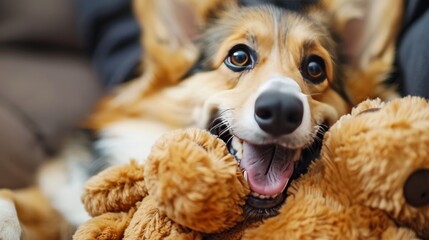 Corgi excitedly brings its cherished toy to engage in playful interaction with its happy owner - obrazy, fototapety, plakaty