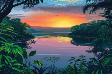 Fototapeta na wymiar A vibrant sunset casting colors over a calm lake, with lush greenery surrounding the scene. Illustration