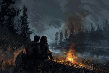 A couple snuggled by a fading campfire, watching the last embers burn out. Illustration