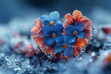 Dual-toned flowers arranged into a heart, contrasting with the frosty surface beneath them - obrazy, fototapety, plakaty