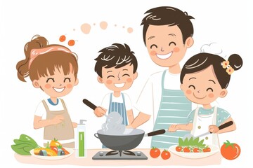 A heartwarming illustration of a family cooking together, sharing laughs and creating memories.