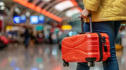 Fototapeta premium A person walking with a red suitcase in an airport, AI
