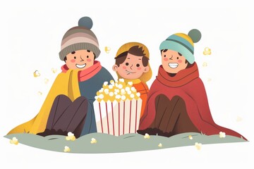 A family enjoying an outdoor movie night with popcorn and cozy blankets