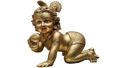 Fototapeta na wymiar Vintage golden baby lord krishna also called laddu gopal with sweet laddu in his hand