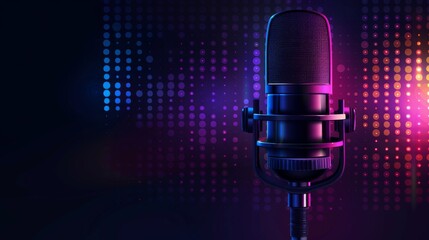A microphone on a black background with colorful lights, AI