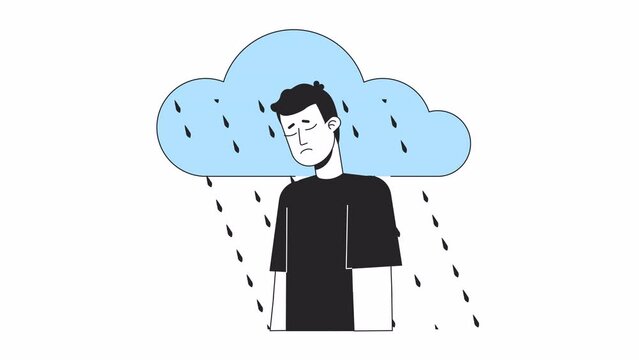 Lonely man under rain line 2D animation. Sad male suffering from negative thoughts 4K video motion graphic. Seasonal depressive disorder linear animated cartoon flat concept, white background
