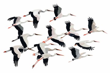 A beautiful illustration of a flock of storks flying south for the winter. - obrazy, fototapety, plakaty