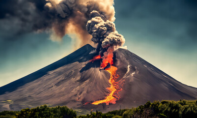 Spectacular volcano eruption with lava floating from the mountain and black smoke rising to the sky. - 788229857