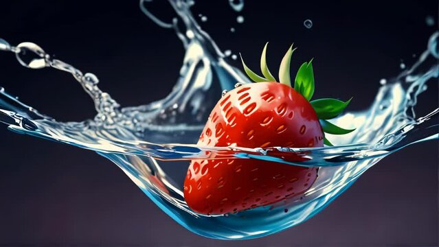 Sweet Ripe Red Strawberry in Clear Water Splash. Red Juicy Berry in Liquid Water Drops Isolated on Black Background. 