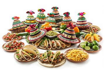 A lively Mexican party with people in festive sombreros enjoying tacos, guacamole, and salsa.
