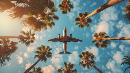 A plane flying through the sky above a group of palm trees, AI