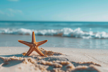 Starfish resting on sandy shores with the vast ocean serving as a picturesque backdrop, epitomizing summer vibes