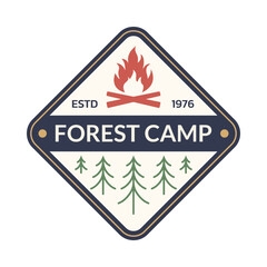 Camp badge or logo with forest and campfire. Adventure, outdoor emblem. Vector illustration.