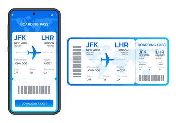 Mobile boarding pass. Digital or electronic plane ticket. Airplane ticket in the phone. Online booking by smartphone concept. Vector illusttation.