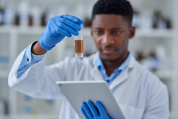 Hands, scientist and liquid for test with tablet in lab for medical study, chemistry development or...