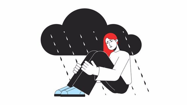 Heratbroken woman sitting under cold rain line 2D animation. Female with mental health issues 4K video motion graphic. Depressive disorder linear animated cartoon flat concept, white background