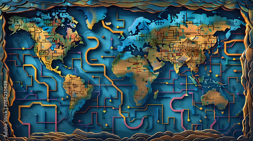 Poster an illustration of the world map combined with the maze pattern, showing the technology of global ne