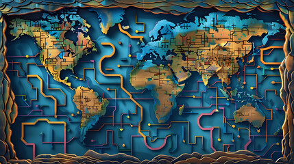 An illustration of the world map combined with the maze pattern, showing the technology of global networks.