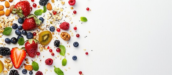 Obraz na płótnie Canvas A healthy food concept featuring breakfast consisting of muesli, fruits, berries, and nuts on a white background, captured in a flat lay with top view and copy space.
