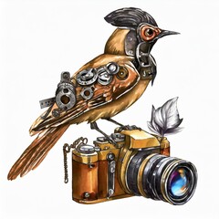 ptak steampunk aparat fotograficzny - obrazy, fototapety, plakaty