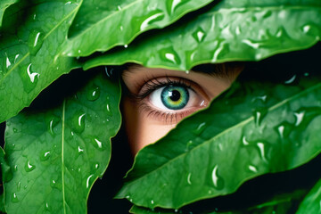 Woman eye peeping through lush green foliage with rain drops. Environment adventure psychology concept