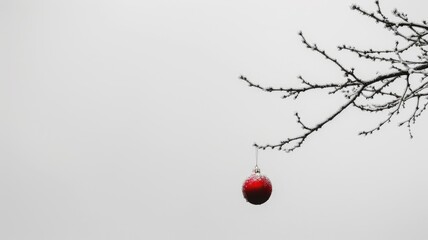 Red Christmas ornament hanging from a frosty branch. - obrazy, fototapety, plakaty