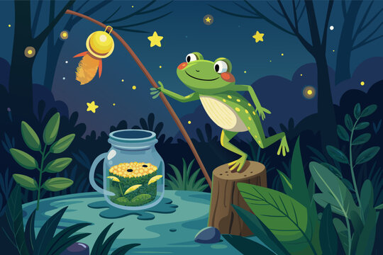 A frog catching fireflies in a jar