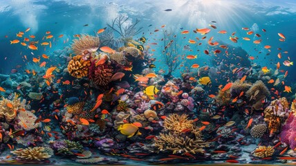  Lively coral reef with a variety of fish and coral.