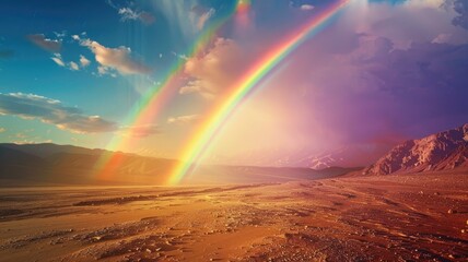 Vivid double rainbow over a barren landscape.