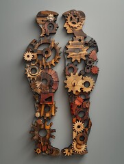 Artistic rendering of a man and woman formed from wooden gears, their heads, arms, and legs interconnected, set against a gray background, symbolizing gender equality