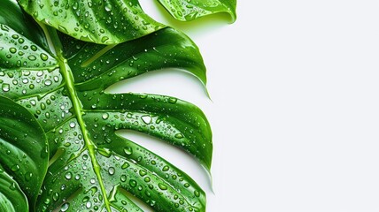  Water droplets on vibrant green tropical leaves.