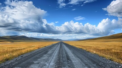 Fototapeta premium A dirt road in a grassy field with clouds overhead, AI