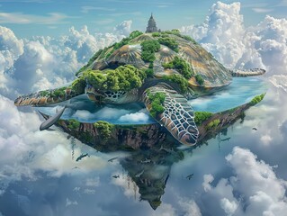 Floating island turtles airborne archipelagos - obrazy, fototapety, plakaty