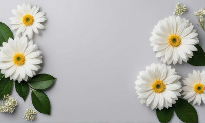 White flower bouquet border. Flat lay, top view. Floral frame template for web, wedding invitation,...