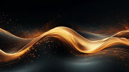 Fotobehang Particules scintillantes et brillantes en or sur un fond noir. Flux en mouvement. Paillettes dorées et flou. Fond pour bannière, conception et création graphique. © FlyStun