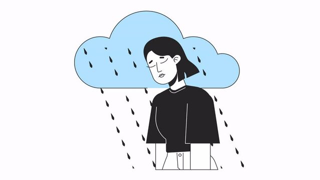 Unhappy female under rain line 2D animation. Seasonal depression symptoms. Sad woman 4K video motion graphic. Mental health issues linear animated cartoon flat concept, white background