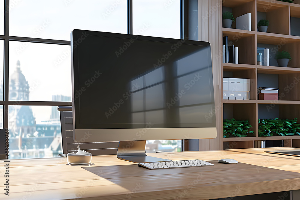 Poster close up of modern designer office workplace with empty computer monitor, window with city view and 