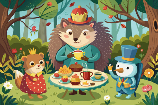 A hedgehog having a tea party with woodland creatures