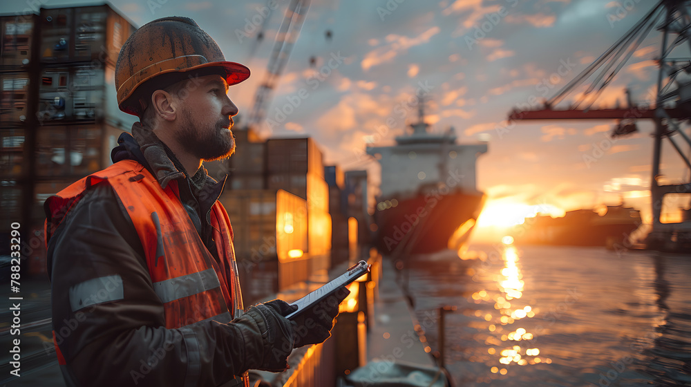 Poster industrial background as a container cargo inspector working with shipping agents to inspect goods i