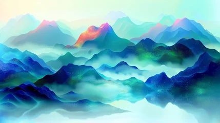 Fototapete Rund Misty mountains, abstract shapes, aerial view, cool tones for a mysterious background © NatthyDesign
