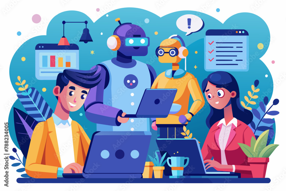 Poster ai assistant characters collaborating on a digital project
