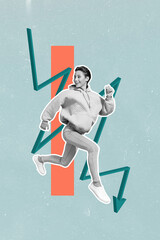Vertical image collage of happy silly girl run arrow down mistake irresponsible investor failure...